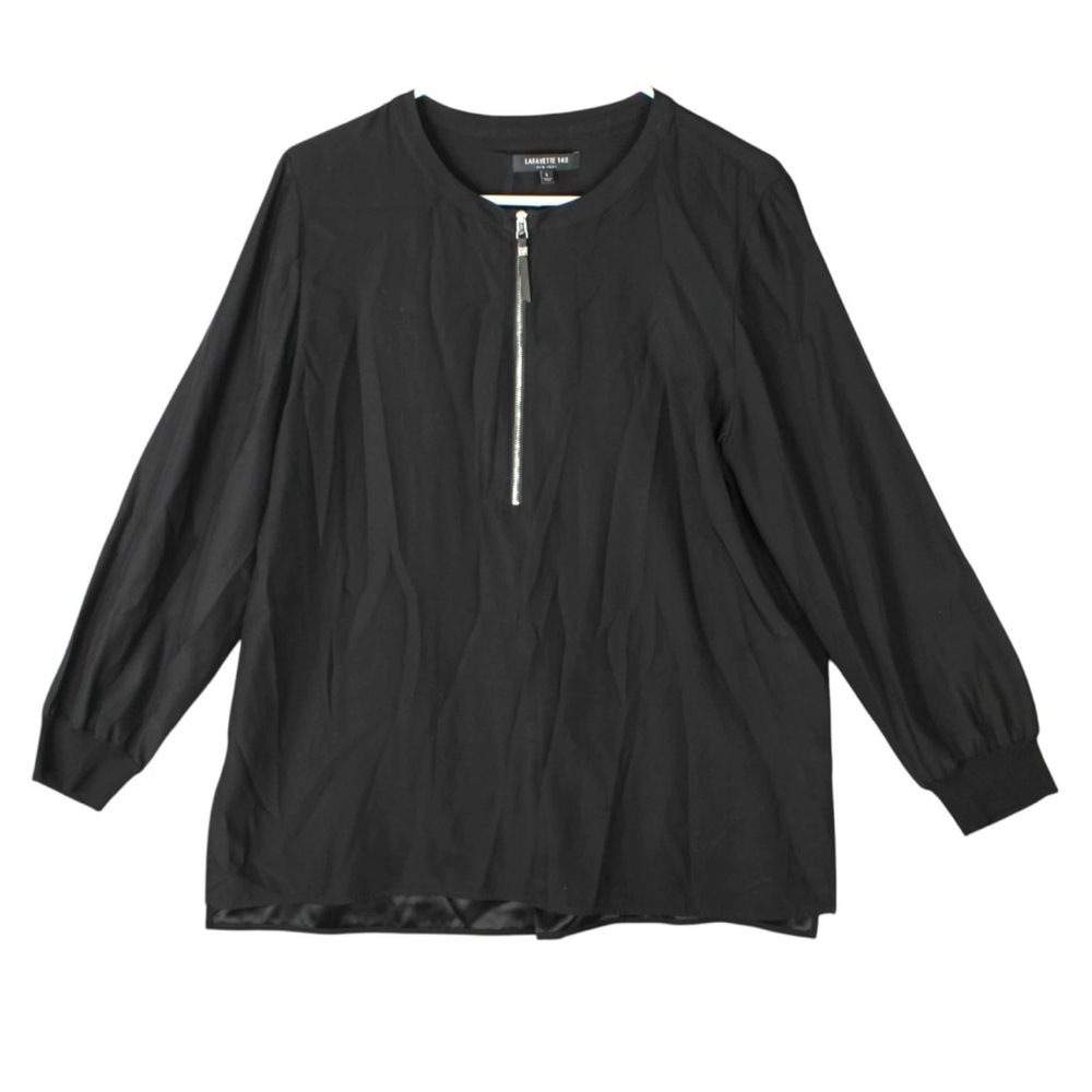 Lafayette 148 New York Women Silk Long Sleeve Blouse Black Size L Half Zip
